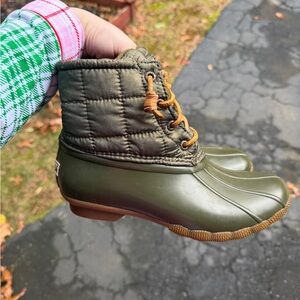 Green Quilted Duck Boots with Tan Laces